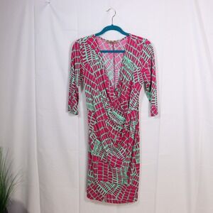 Ad Hoc Faux Wrap Sheath Dress S Pink Green Womens Geometric V-Neck